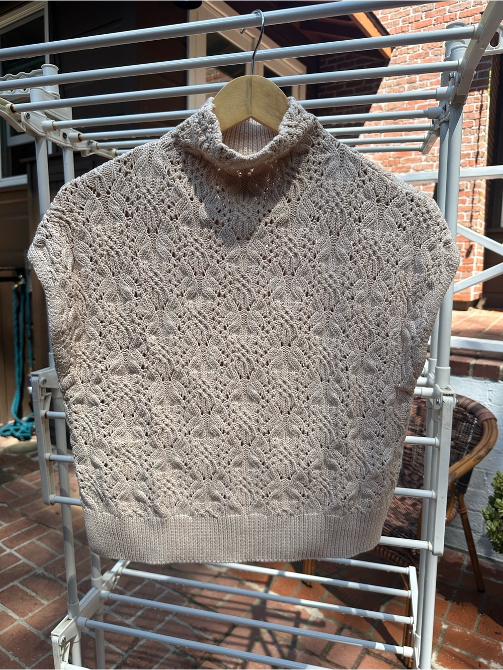 Free People Beige Open-Knit Sleeveless Mock neck Sweater Vest